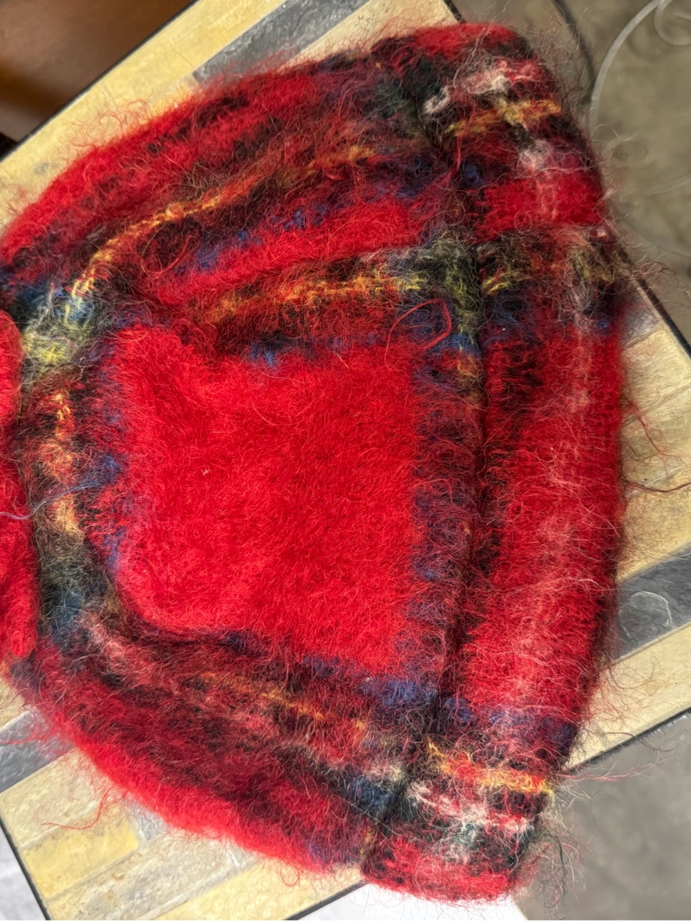 Red Multicolor Fuzzy Pom Beanie